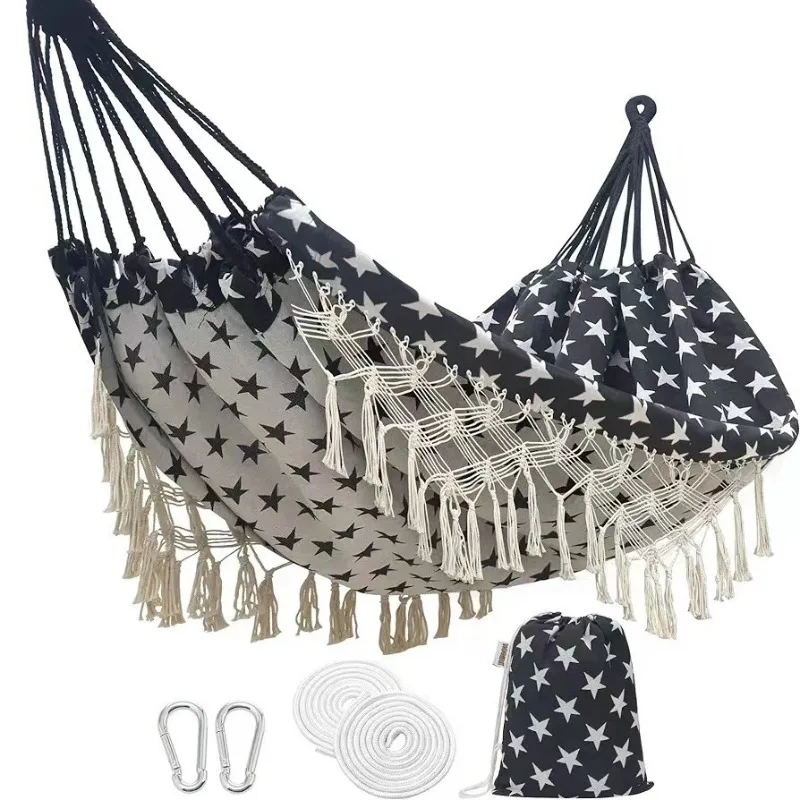 

Ins Bohemian Anti-Rollover Hammock with Wooden Sticks Tassel Lace Homestay Leisure Outdoor Swing