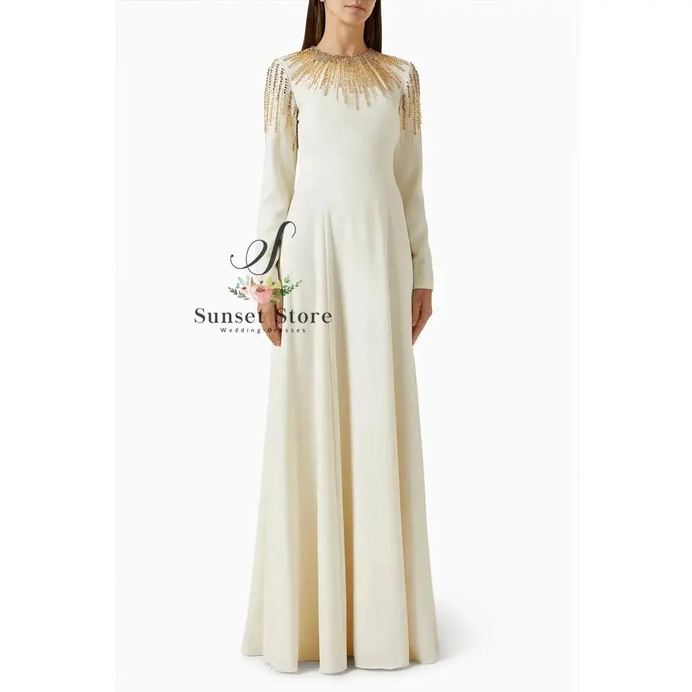 ที่กําหนดเองงาช้างประดับด้วยลูกปัด O-Neck Crepe ชุดราตรีอย่างเป็นทางการ Slim A-Line ชุดราตรียาว 2025 แขนยาวชุด