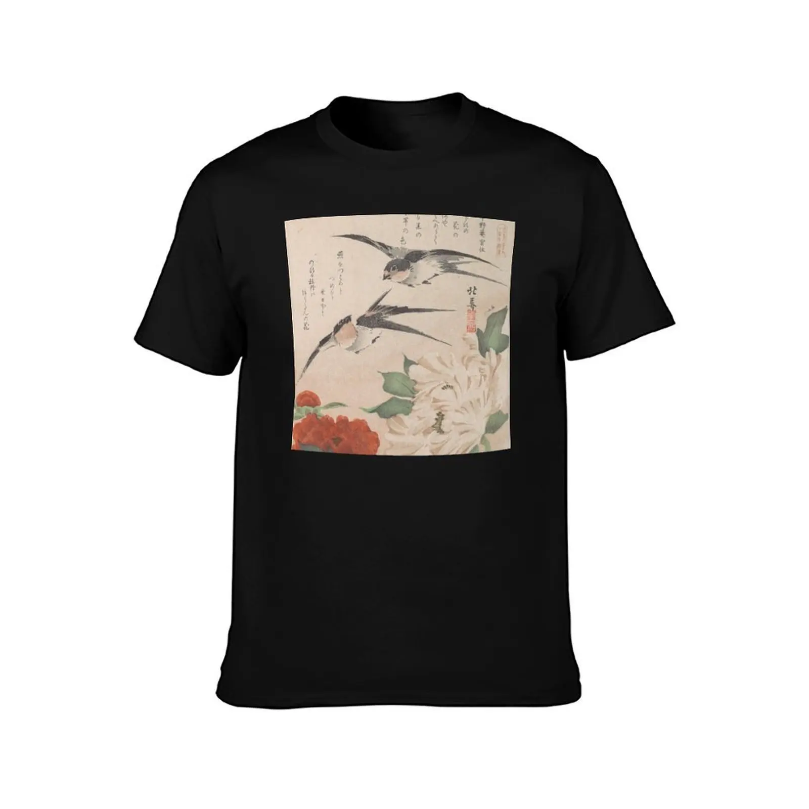 Swallows and Peonies Japanese Edo Art (kachō) T-Shirt Classic Crew Neck Cotton T-Shirt