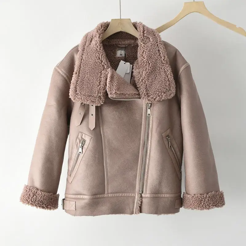 Lamb Fur Jaet Women's Winter Thi Warm Motorcycle ort Sle Faux Leather Hair Inteated Coat Chinese Brand Commute Sle