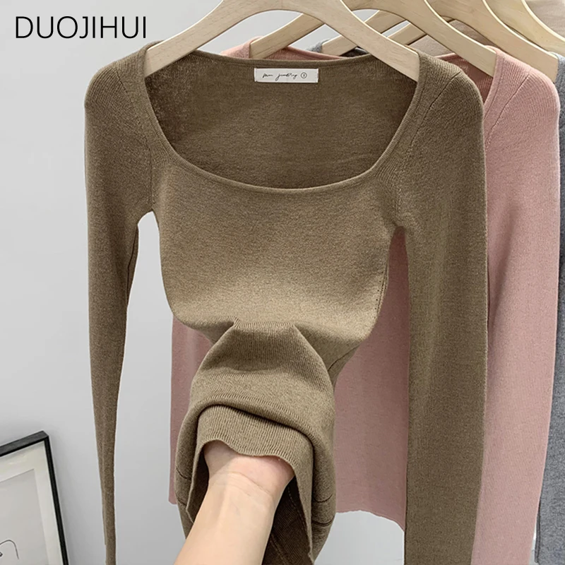 DUOJIHUI-Pulôveres chiques de pescoço quadrado para mulheres, manga comprida, magro, escritório básico, cor pura feminina, moda simples, feminino,