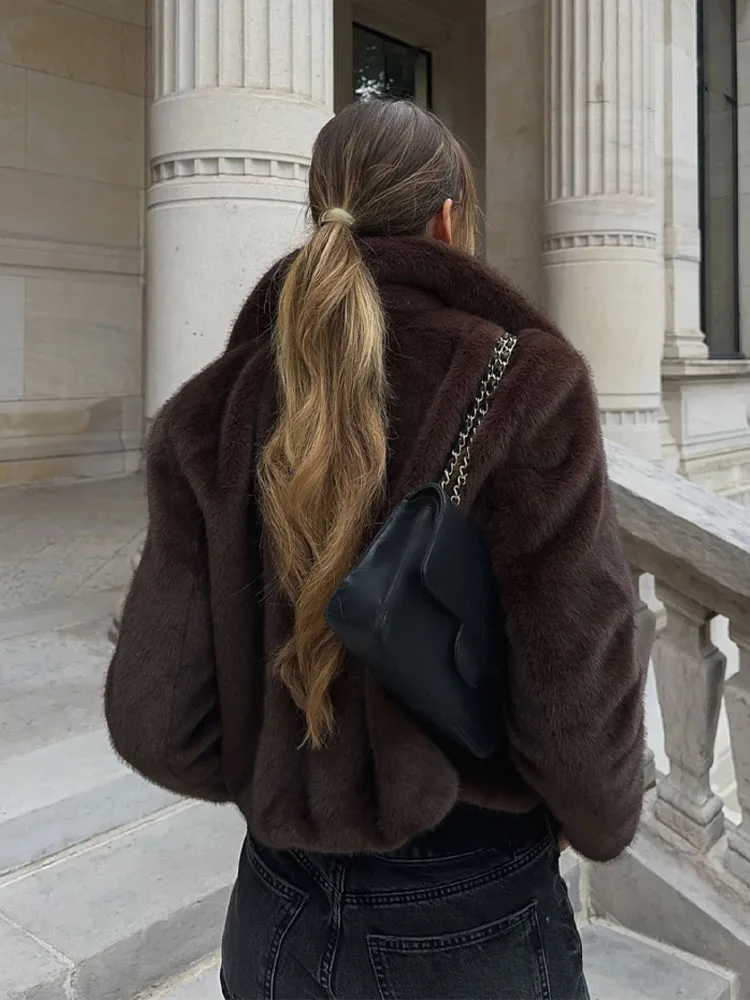 HH femmes hiver élégant revers manches longues simple boutonnage poches latérales décorer mince manteau femme Chic fausse fourrure vestes chaudes