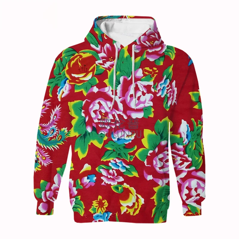 Chinese Style 3d Hoodies For Man Peony Flower Printing Outdoor Clothing New Year Apparel