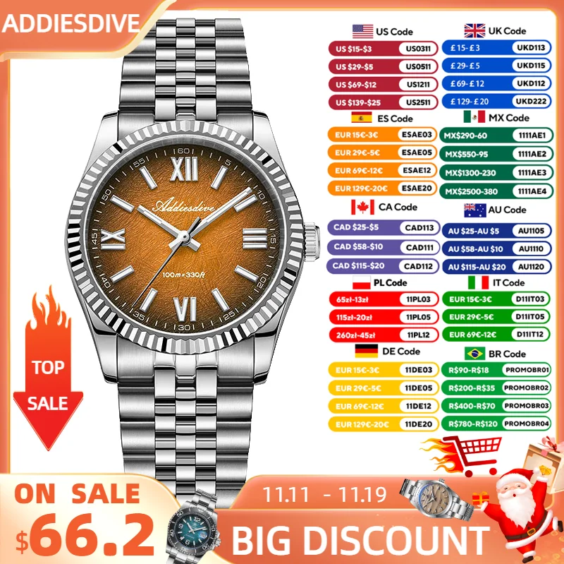 

ADDIESDIVE New 36mm Watch for Men AD2512 Luxury Sapphire VH31 Quartz Wristwatch 100m Waterproof Stainless Steel Luminous Watches