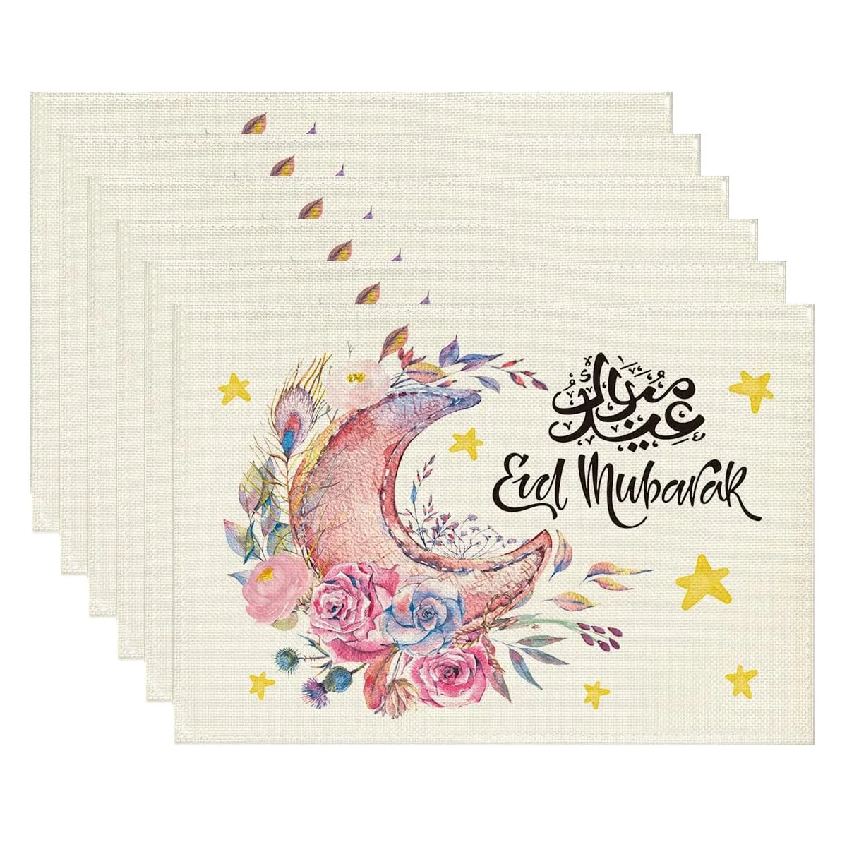 Rosa Mondblumen Sterne Ramadan Eid Tischsets Set 1/2, 30,5 x 45,7 cm, saisonale Tischsets für Party, Küche, Esszimmer, Dekoration