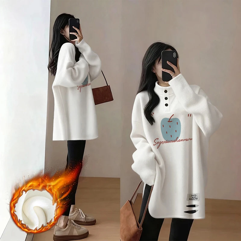 Thickened Warm White Base Shirt Women's Inner Wear Long Sleeve T-Shirt Mid-Length Cover Butt Fashionable Korean Style Commute...