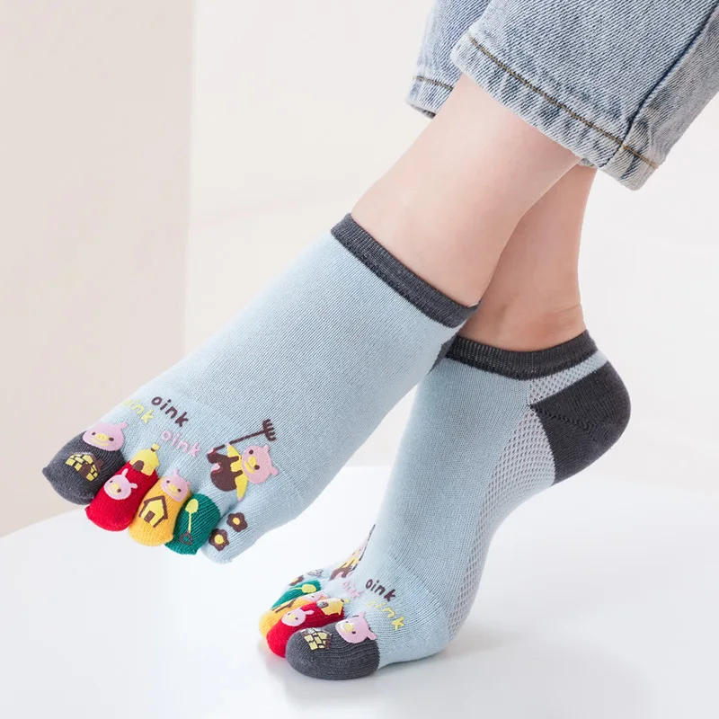 4 Pairs Women's Five-finger Socks Thin Summer Sub-toe Color Matching Cartoon Boat Socks Sweat-absorbing Non-slip Toe Socks
