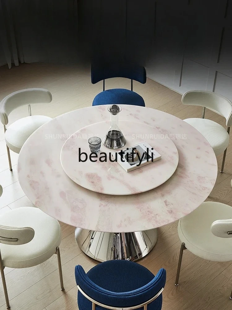 

Imported Pink Diamond Luxury Stone Dining Table Round Rose with Turntable Pure Natural Marble Dining Table
