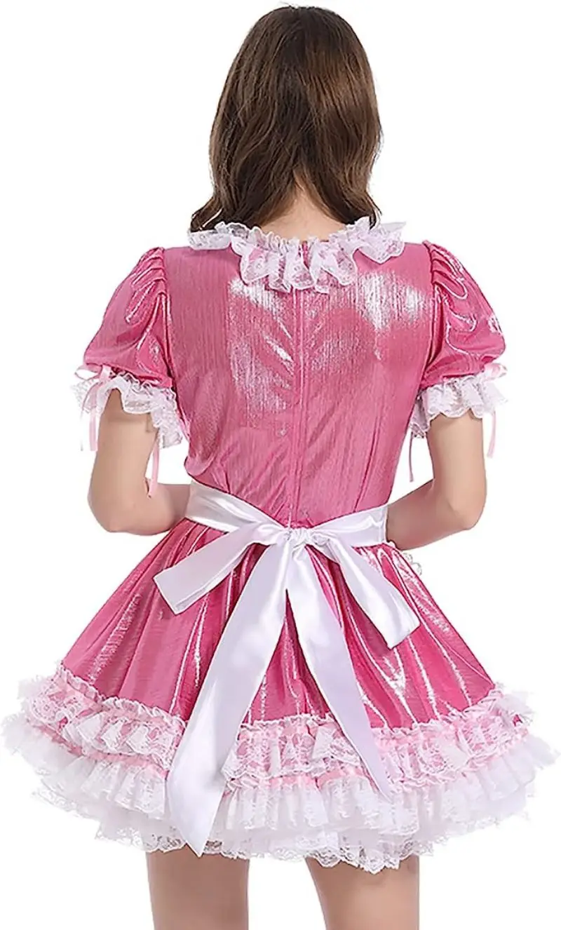 Adult Giant Baby Sexy Girl Pink Thin PU Short Sleeve Sissy Dress White Satin Apron Maid Role Makeup Ball Customization