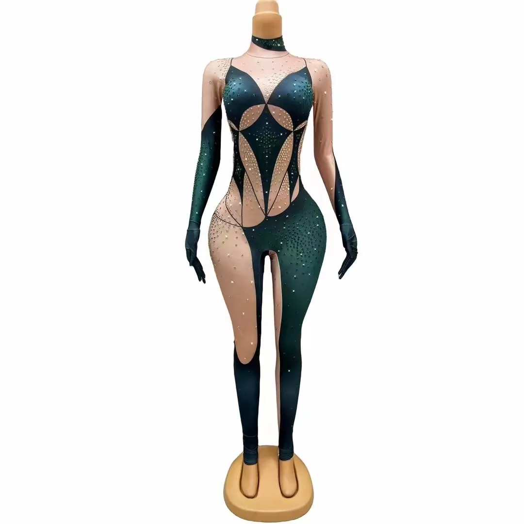 

Hot Sale Green Gold Rhinestones NudeJumpsuit Singer Dancer Stretch BodysuitEvening Birthday Celebrate Costume leggings