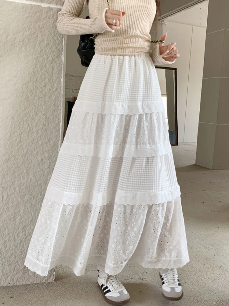

White Midi Long Skirts Women Spring Summer Casual High Low Ruched Ruffle Skirt High Waisted A-Line Hollow Out Pleated Skirt rok