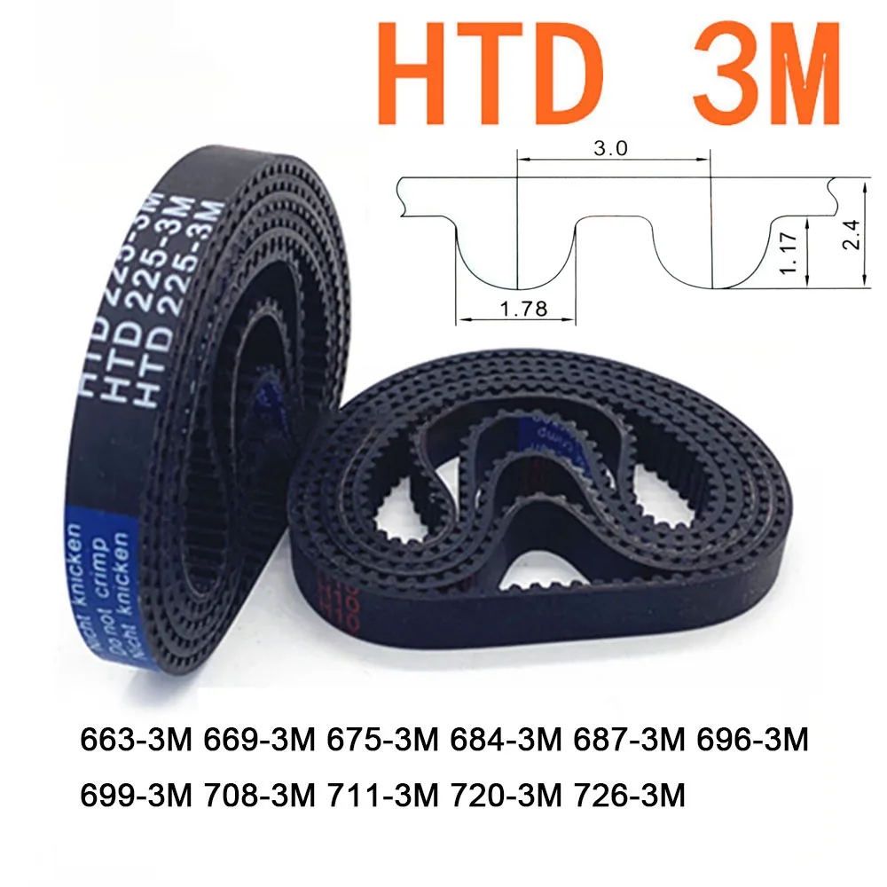 Width 6 10 15 20mm HTD 3M Rubber Arc Tooth Timing Belt Pitch Length 663 669 675 684 687 696 699 708 711 720 726mm Drive Belts