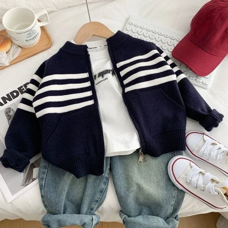 

Кардиган контрастного цвета для мальчиков: вязаный топ с круглым вырезом в полоску на весну/осень | Модный крутой и стильный свитер из пряжи для детей