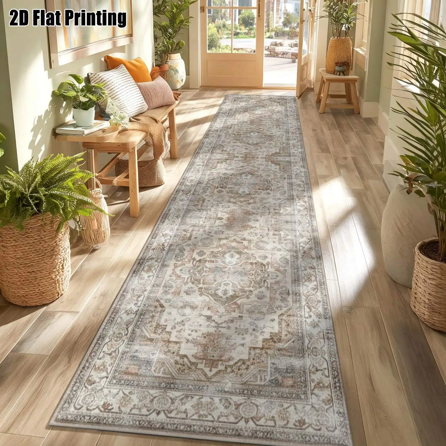 1Pc 2D Printed Long Strip Rug, Beige Geometric Floral Pattern European/Retro/Bohemian/Minimalist Style, Machine Washable, Multi-Size, Ideal for Entrance, Hallway, Living Room, Bedroom Home Decor.