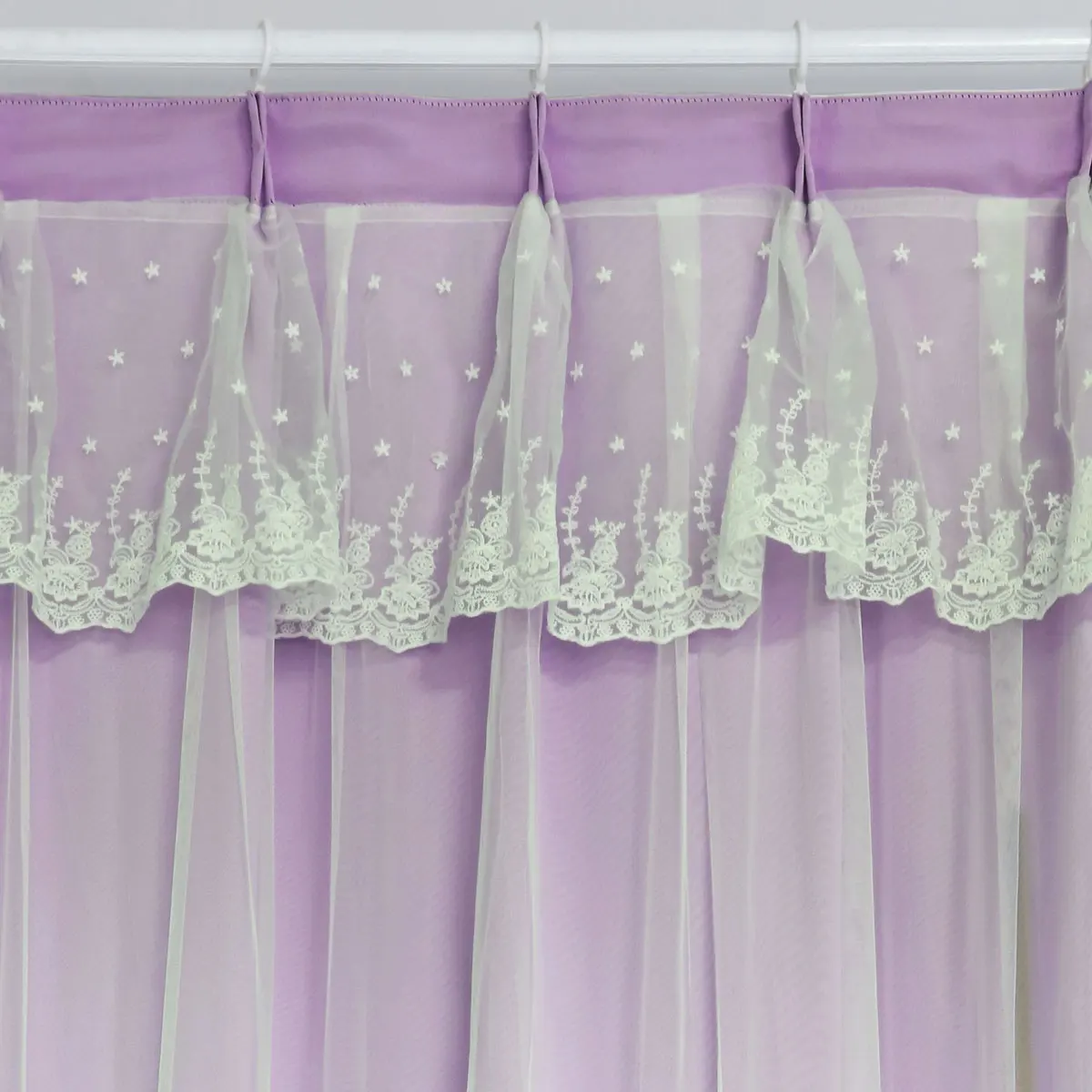 2pcs Light Purple Double Layer Fabric Sheer Curtains, Korean Princess Style, Lace Polka Dot Valance, Light Filtering Privacy