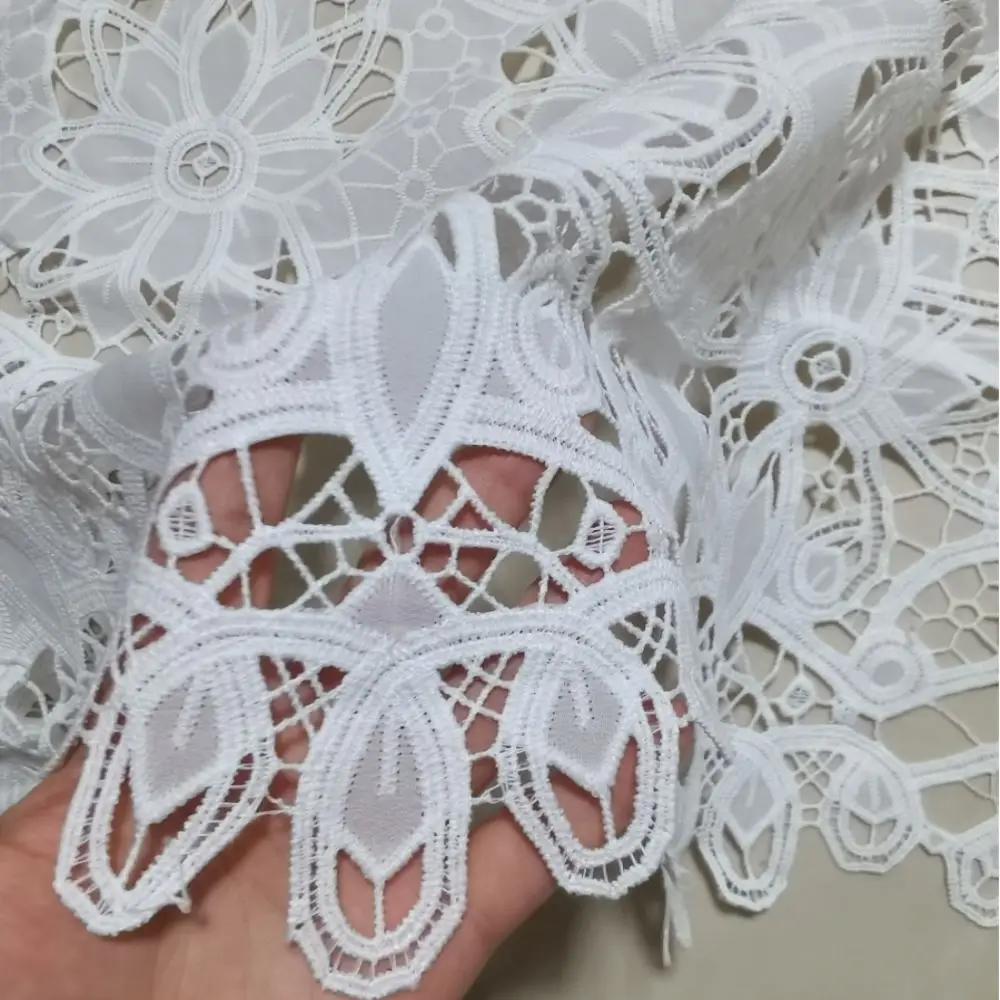 

Chiffon laser cutting mbroidery lace fabric eyelect hole embroideried clothing for woman dress apparel with Square geometric