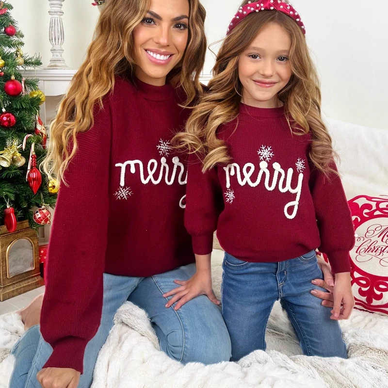 Women Mommy and Me Christmas Sweaters Letter Embroidery Long Sleeve Pullover Warm Knit Sweatshirt Fall Winter Clothes