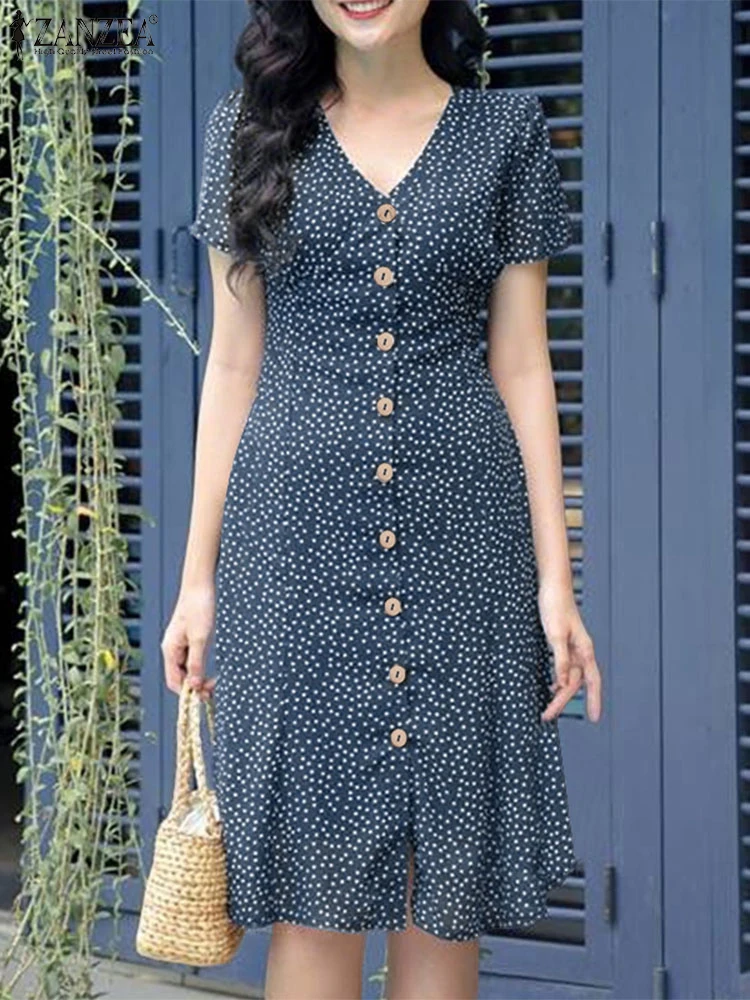 ZANZEA 2025 Sommer Kleid Frauen Kurzarm Polka Dot Böhmischen Sommerkleid Casual V-ausschnitt Lose Tasten Strand Urlaub Vestidos Robe