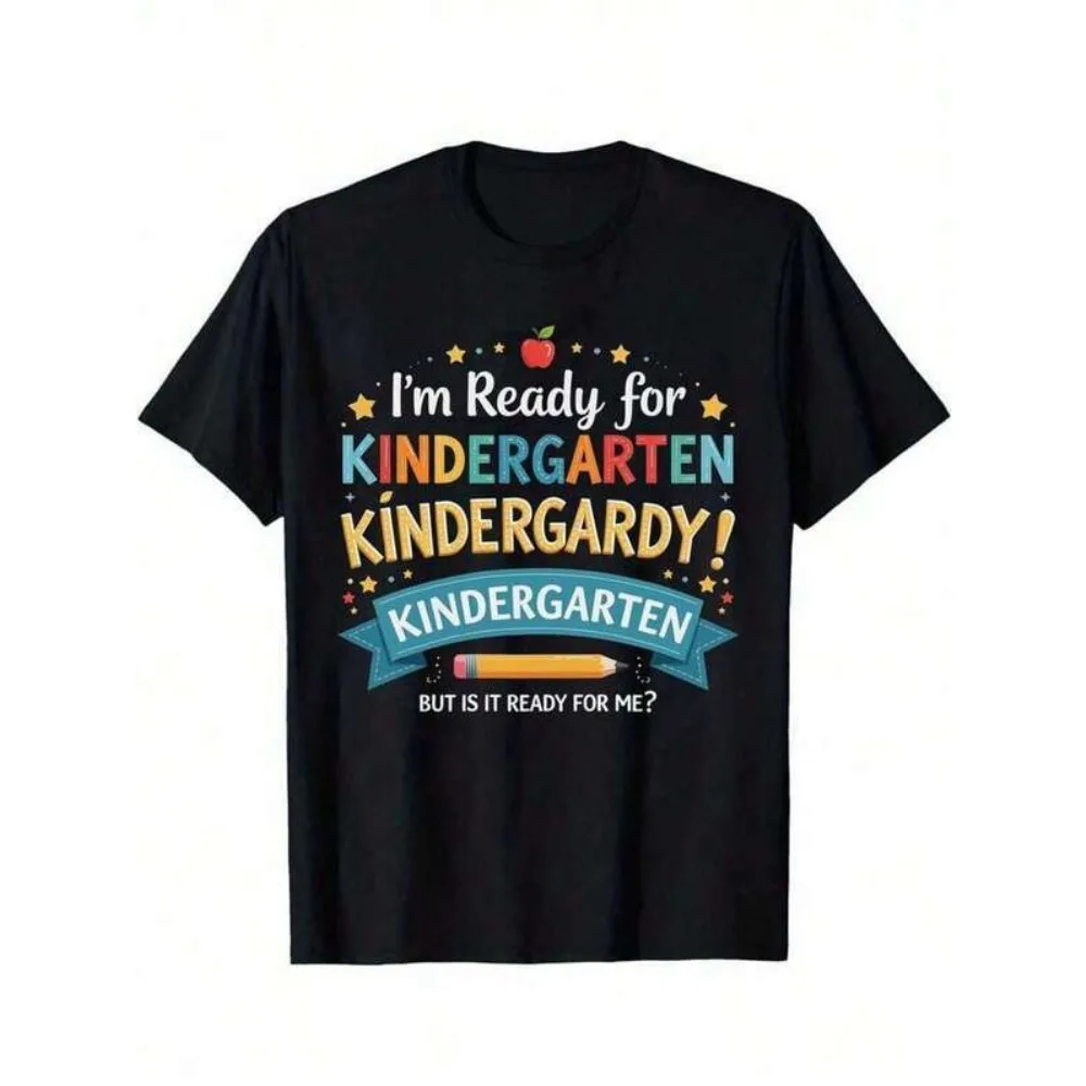 

Girls & Boys "I'm Ready For Kindergarten Cotton Graphic Tees Gift For First Day Of School, Round Neck Short Sleeve T-Shirt
