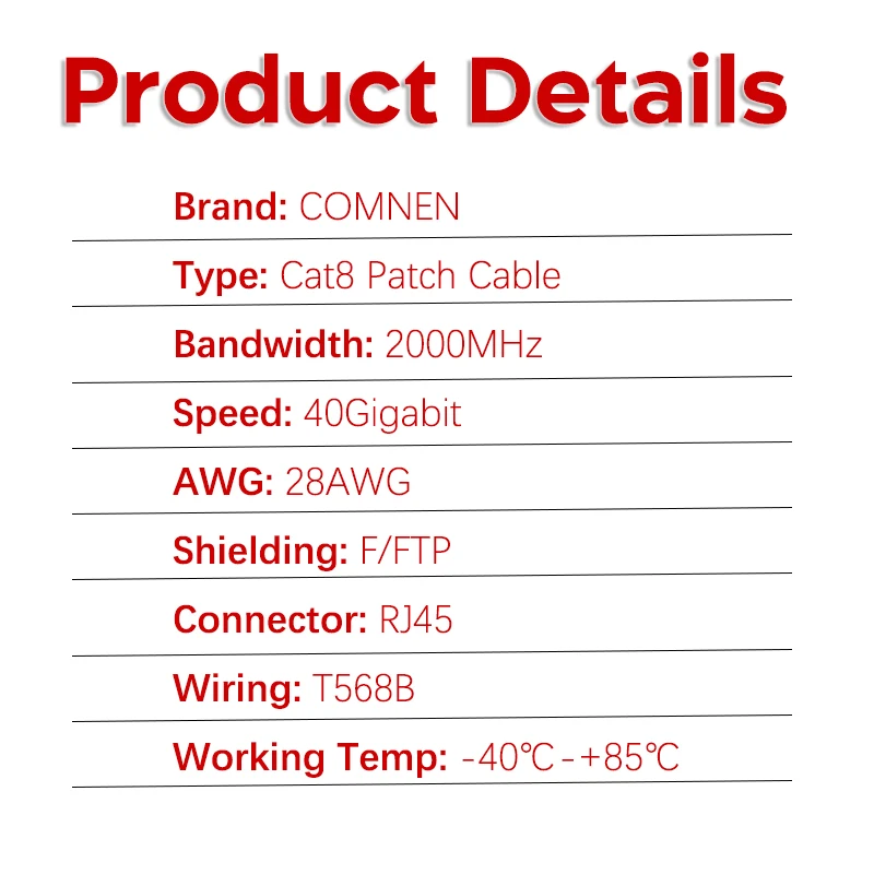 COMNEN CAT8 Ethernet Cable Rj45 0.2-10m 40Gbps 2000MHz CAT 8 Networking PVC Internet Lan Cord for Laptops PS 4 Router RJ45