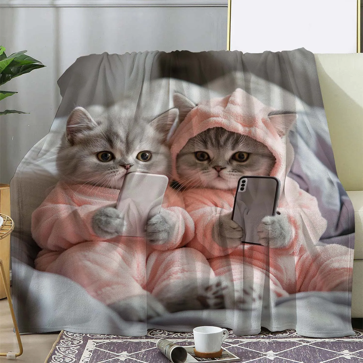 Personalized Cat Blanket Cute Kitten Phone Art Soft Fleece Throw Gift Home Decor Pet Theme