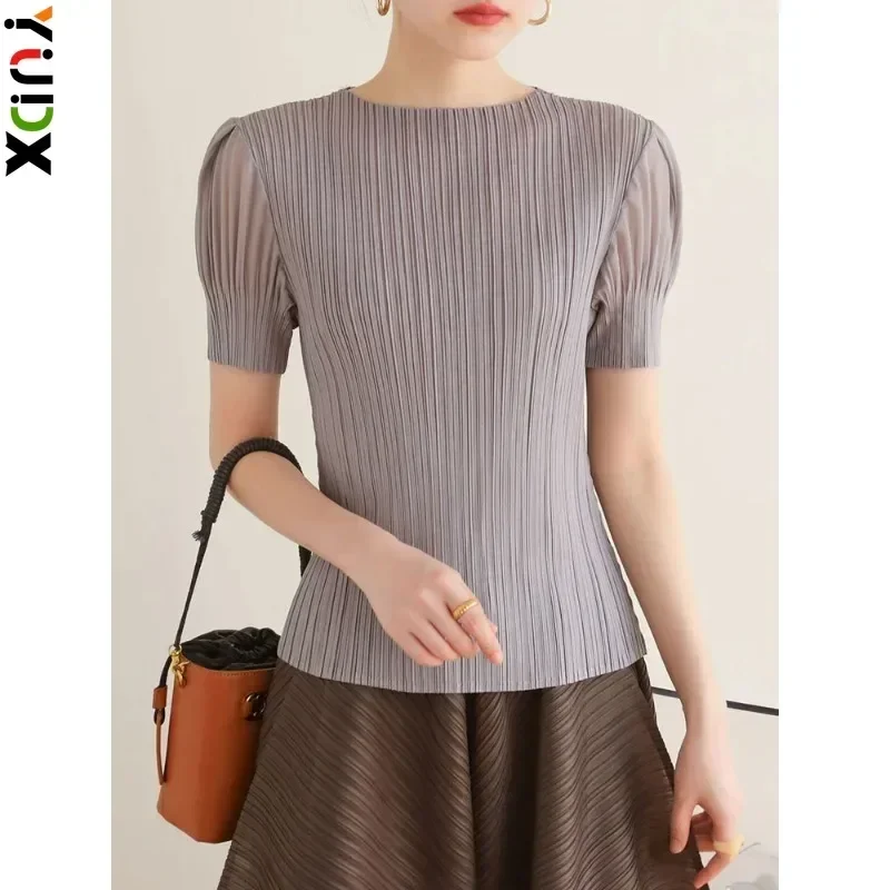 Miyake YUDX  Pleated New Casual Short Sleeve T-shirts Women Pullover O Collar Slim Fit Solid Female Chic Cloth Spring 2024 Trend