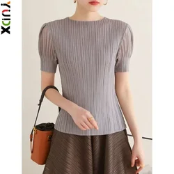 Miyake YUDX  Pleated New Casual Short Sleeve T-shirts Women Pullover O Collar Slim Fit Solid Female Chic Cloth Spring 2024 Trend