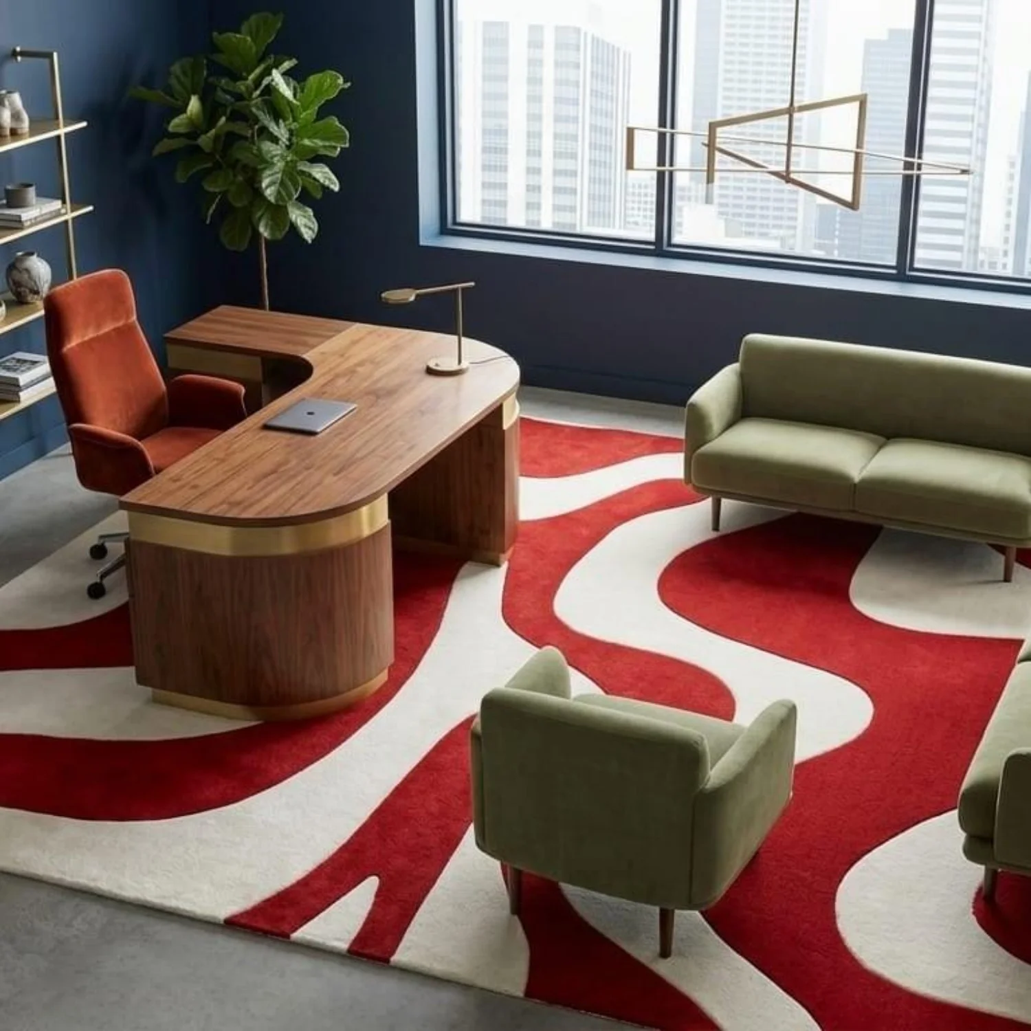 Room Decor Rug  Red Cream Wavy Swirl Rug  H1andTufted Wool Abstract Carpet, 70s Mid Century Style