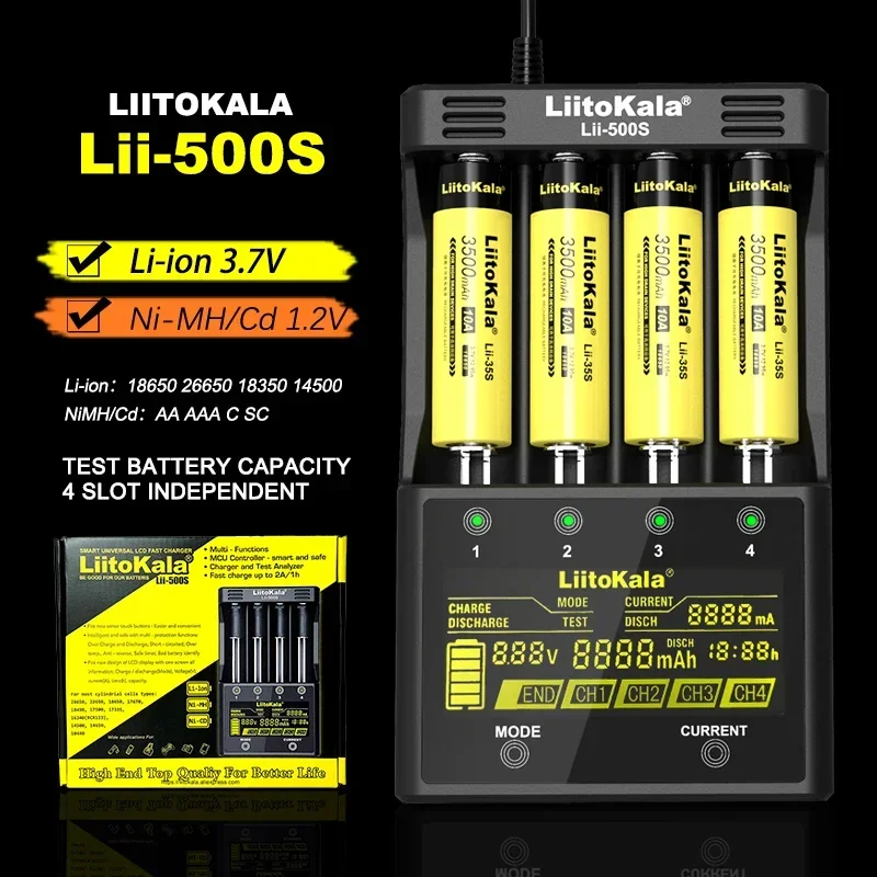 LiitoKala Lii-500S Lii-PD4 Lii-500 Lii-S6 3.7V 1.2V Battery Charger 18650 26350 26650 18350 17500 AA AAA Batteries LCD Display