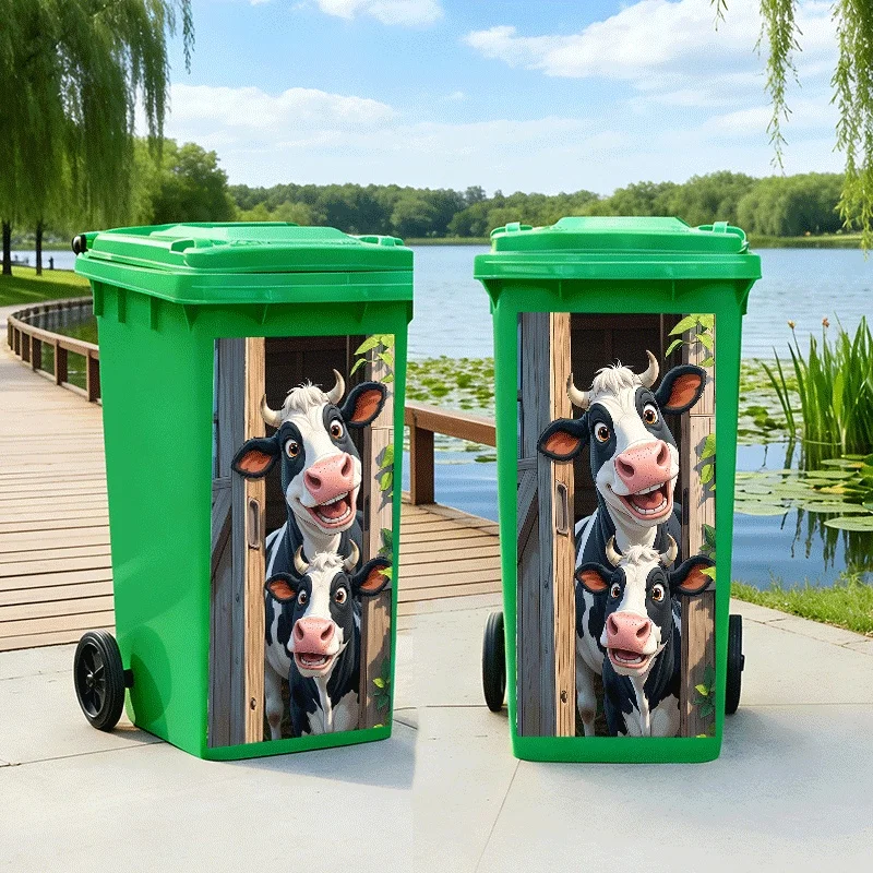 1pc Cows Peeking Through Wooden Door Themed Trash Can Decal Wall Sticker, Ideal for Outdoor Trash Cans, Walls and Home Decor.