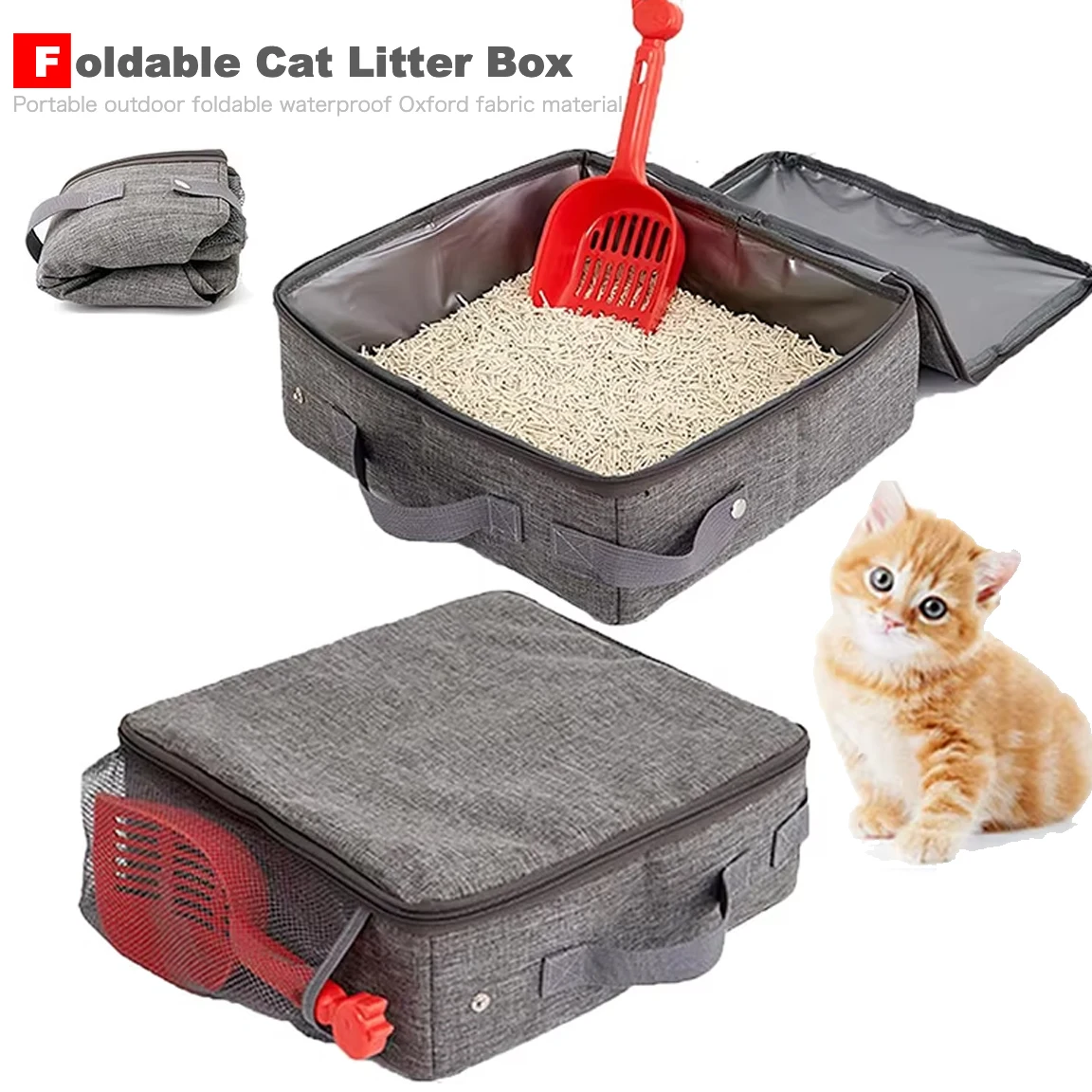 

Foldable Cat Travel Litter Box with Shovel Portable Sandbox Waterproof Toilet for Cats with Leakproof Zipper Lid Cat Accessories