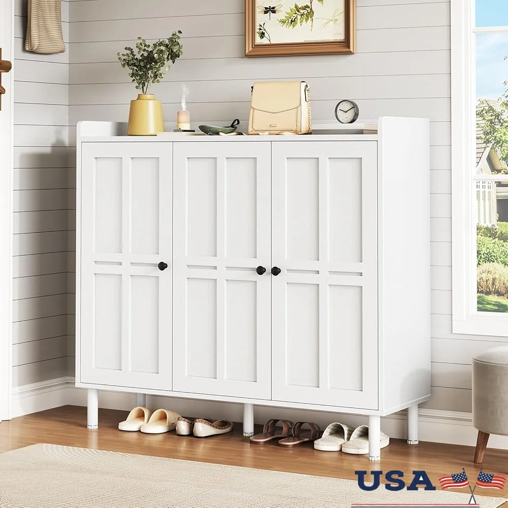 

Shoe Cabinet with 3 Doors Adjustable Shelves Large Capacity Shoe Organizer Cross Molding Doors Entryway Storage Solution