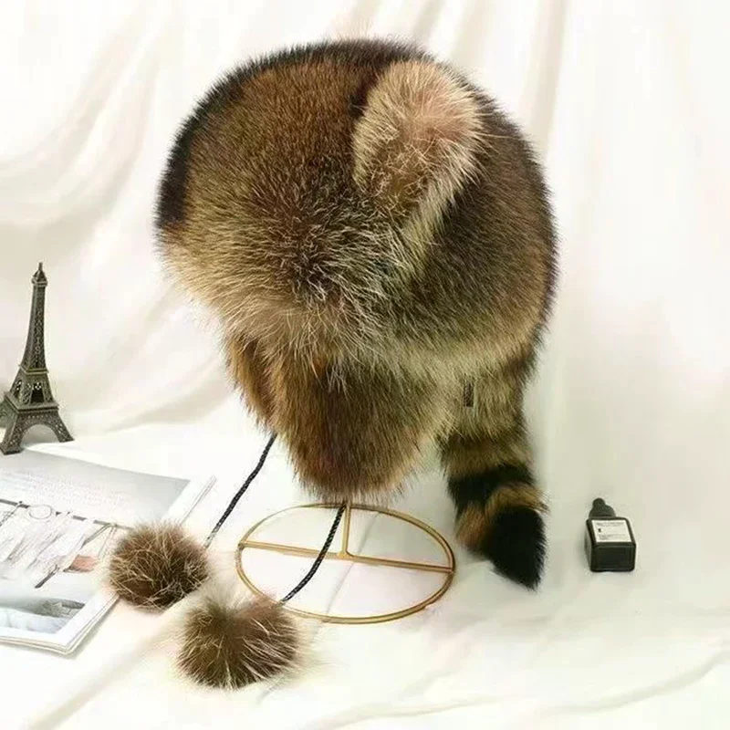 Cute Raccoon Tail Plush Cap Women Winter Windproof Thick Warm Ears Fashion Outdoor Ear Flaps Bomber Hat Russian Hat