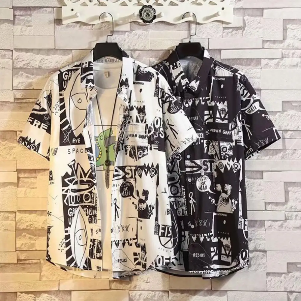 

Graffiti Printed Shirt Lapel Short Sleeve Pocket Men Shirt Summer Casual Buttons Closure Beach Shirt Hawaiian Vacation Shirts