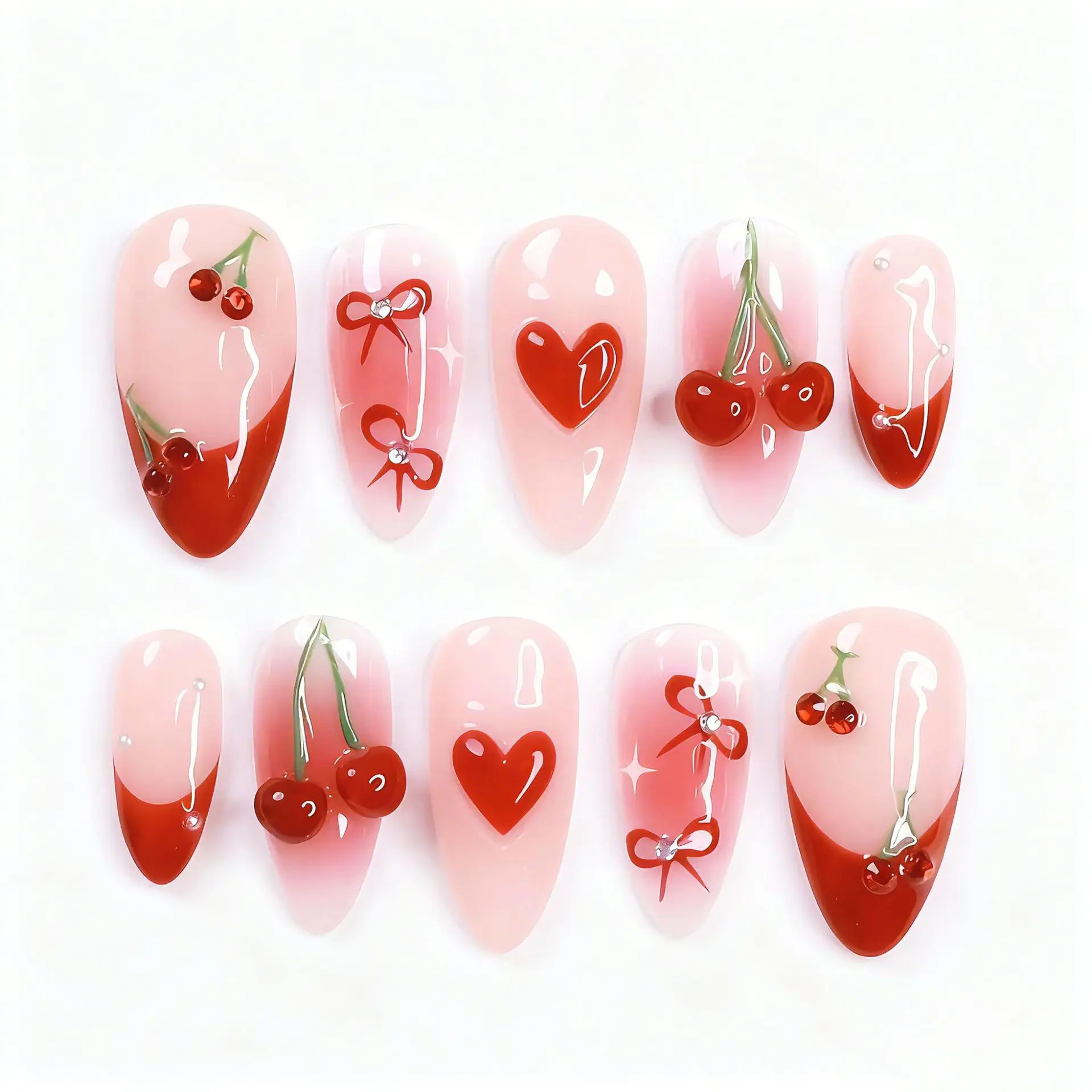 24 Uds. De uñas postizas con forma de corazón, sobre de lazo 3D, longitud media, almendra, uñas postizas, perlas, diamantes de imitación, cubierta completa desmontable, puntas de uñas