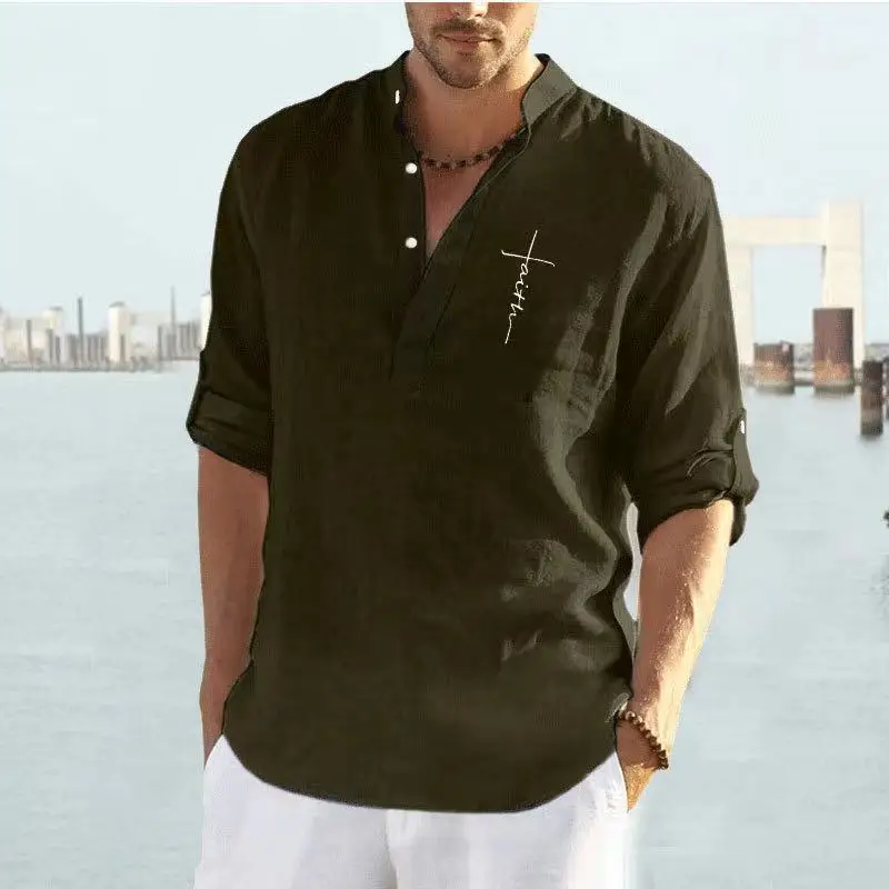 

2024 New Men's Casual Cotton Hemp Solid Long Sleeve Shirt Standing Neck Shirt For Men Blouse