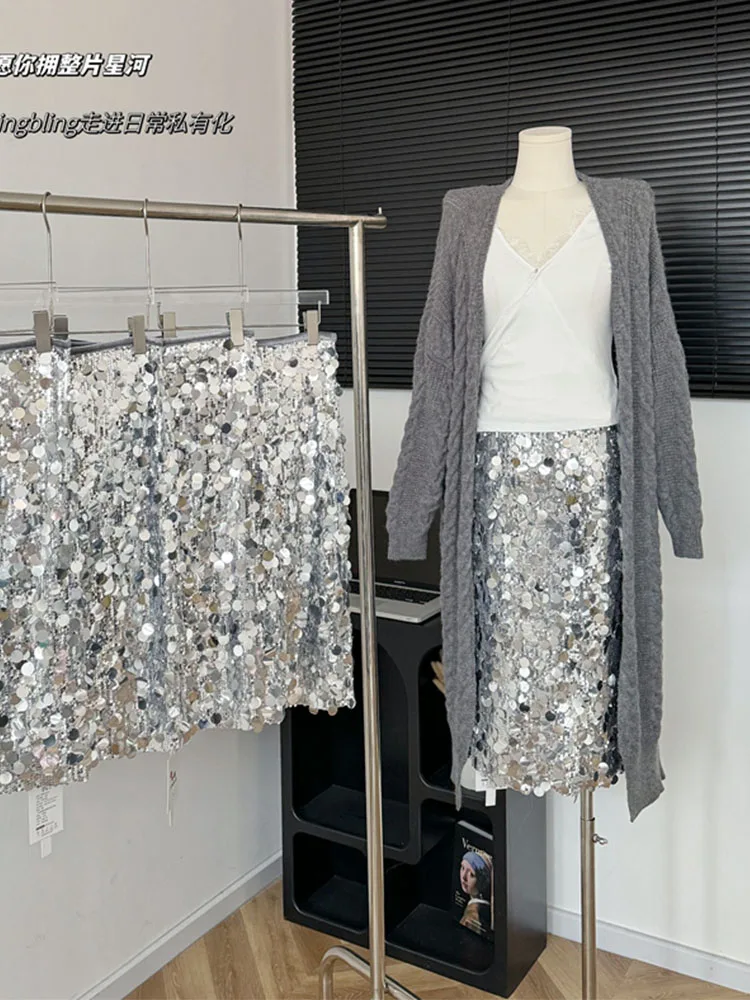 Jupe argentée de haute qualité pour femmes, taille haute, paillettes scintillantes, ligne a, luxe, mode coréenne, Sexy, élégante, Coquette, fête de bal