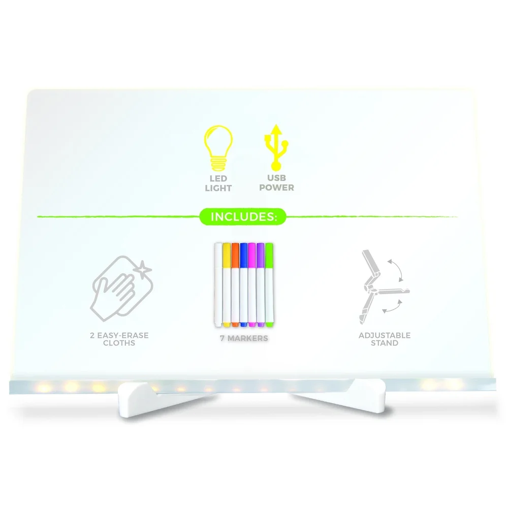 LED 조명 드라이 이레이저 보드 12인치 아크릴 메시지 보드 (7색 마커, USB 전원, 킥스탠드, 캘린더 데칼 포함)