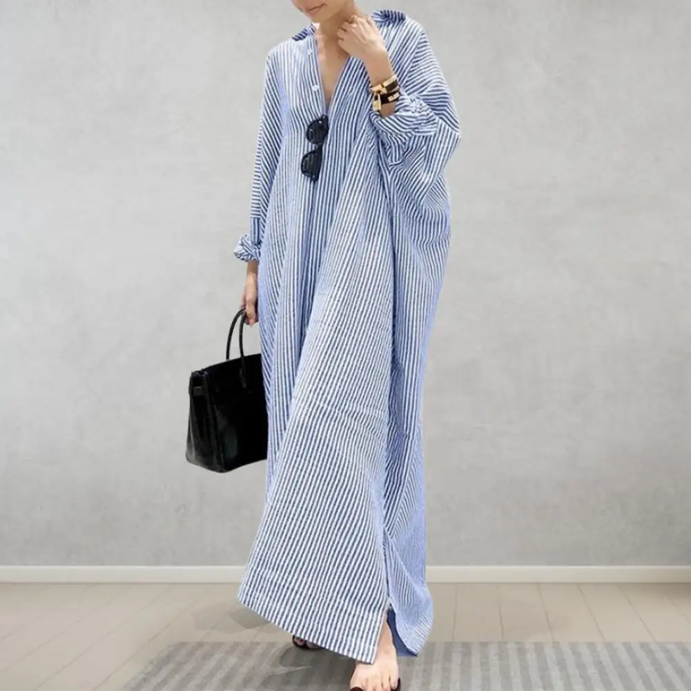 Loose Fit Dress Striped Print Lapel Maxi Dress for Women Long Sleeve Loose Shirt Style Spring Dress Plus Size Soft Breathable