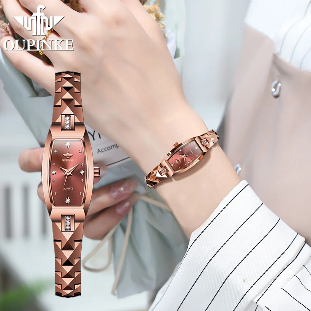 

OUPINKE Luxury Brand Women Watches Tungsten Steel Strip Swiss Movement Diamond Inlay Watch for Lady Waterproof Fashion Sapphire