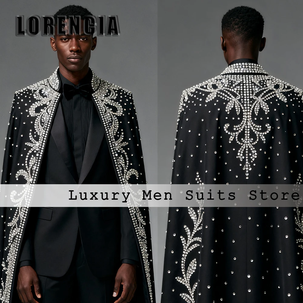 

Gentleman Crystal Men Suits 2 Pieces Wedding Tuxedos Groom Outfit with Cloak Customized Blazer Pants Men Suit costumes homme