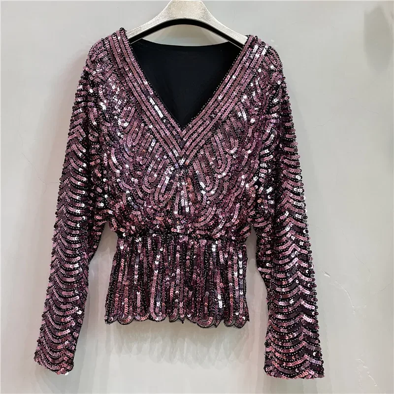 Ladies New Heavy Handmade Bling Beaded Sequins Batwing Sleeve Top Slimming Oversized Blouse Elegant Nightclub Pullover Shirts