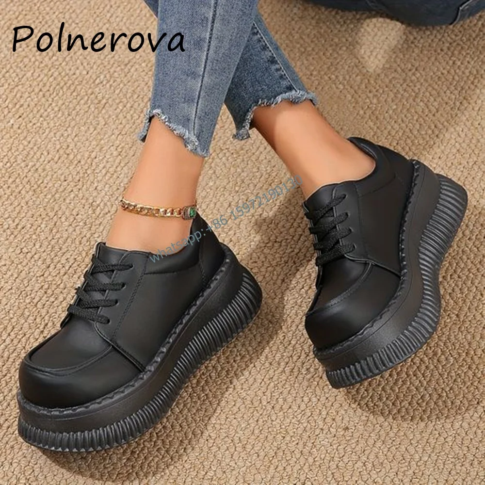 Real Leather 8 Cm High Increase Pumps Round Toe Thick Soled Lace Up Solid Black Shoes Newest Classical High Quality Sneakers