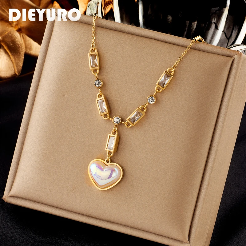 DIEYURO 316L Stainless Steel Large Heart Dazzling Pearl Pendant Necklace For Women New Girls Square Zircon Chain Jewelry Gifts