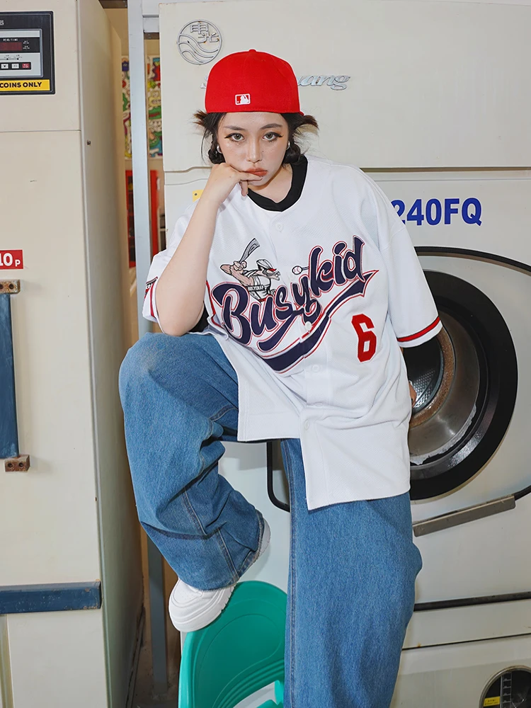 

Busykid American Sle ort Sve Бейсбольная футболка для уличных танцев Оригинальный хип-хоп полосатый дизайн V-Ne Свободный летний топ