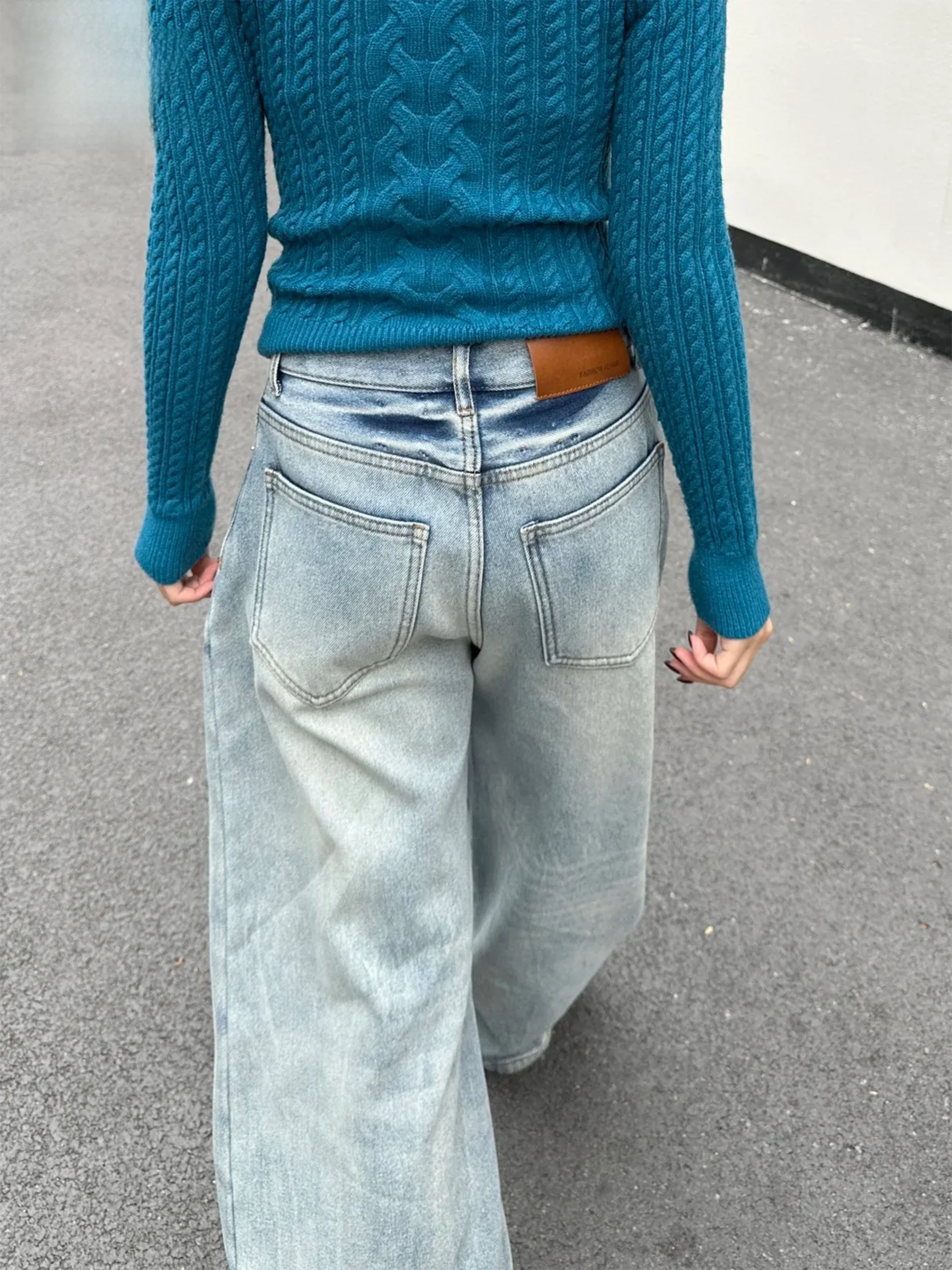 

Американские винтажные синие джинсы с широкими штанинами для женщин, свободные, стройнящие, повседневные, весенне-летние, модные женские джинсы