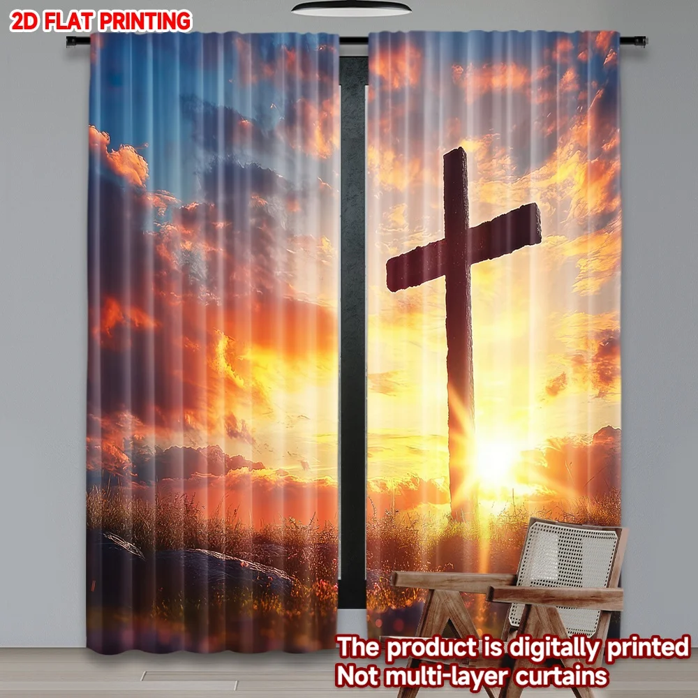 

2D flat printing 2pcs Curtains Easter Sunrise Cross Digital Printed Polyester Drapes Family Party Perfect for Photo Booths