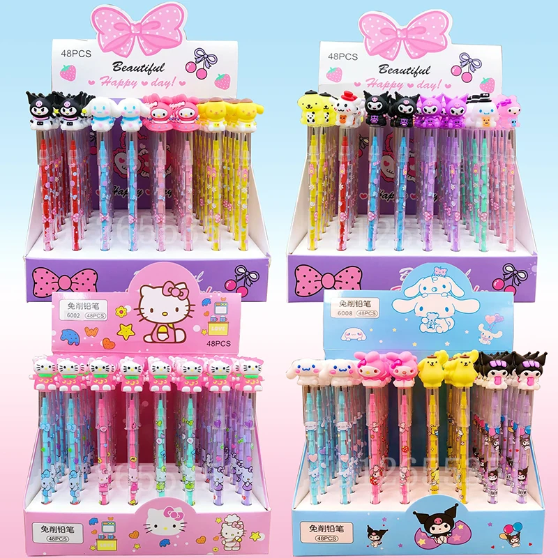 

48pcs Sanrio Writing Mechanical Pencil Hello Kitty Cinnamoroll Kuromi Student Silicone Tips Pencil School Supplies Stationery