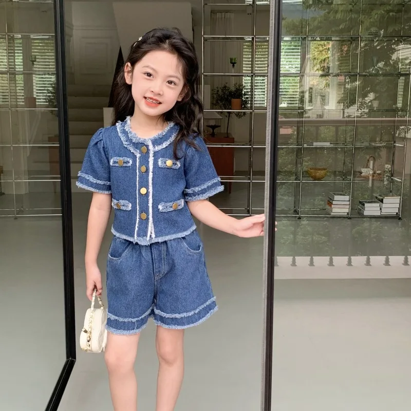 

baby girls clothes set Fashion short sleeve short denim top+denim shorts 1-10 2pcs kid suit children Toddler outfit enfant fille