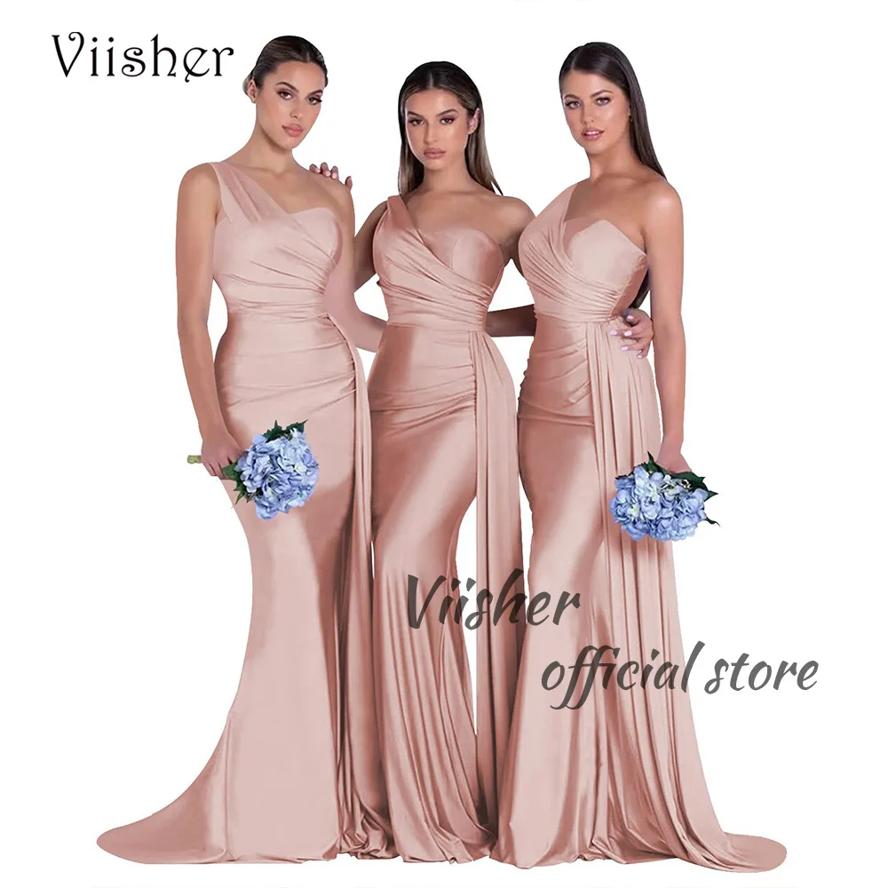 Visher One Shoulder Meerjungfrau Brautjungfer Kleider für Frauen Falten Satin sexy Bodycon Brautjungfer Kleid mit Rock